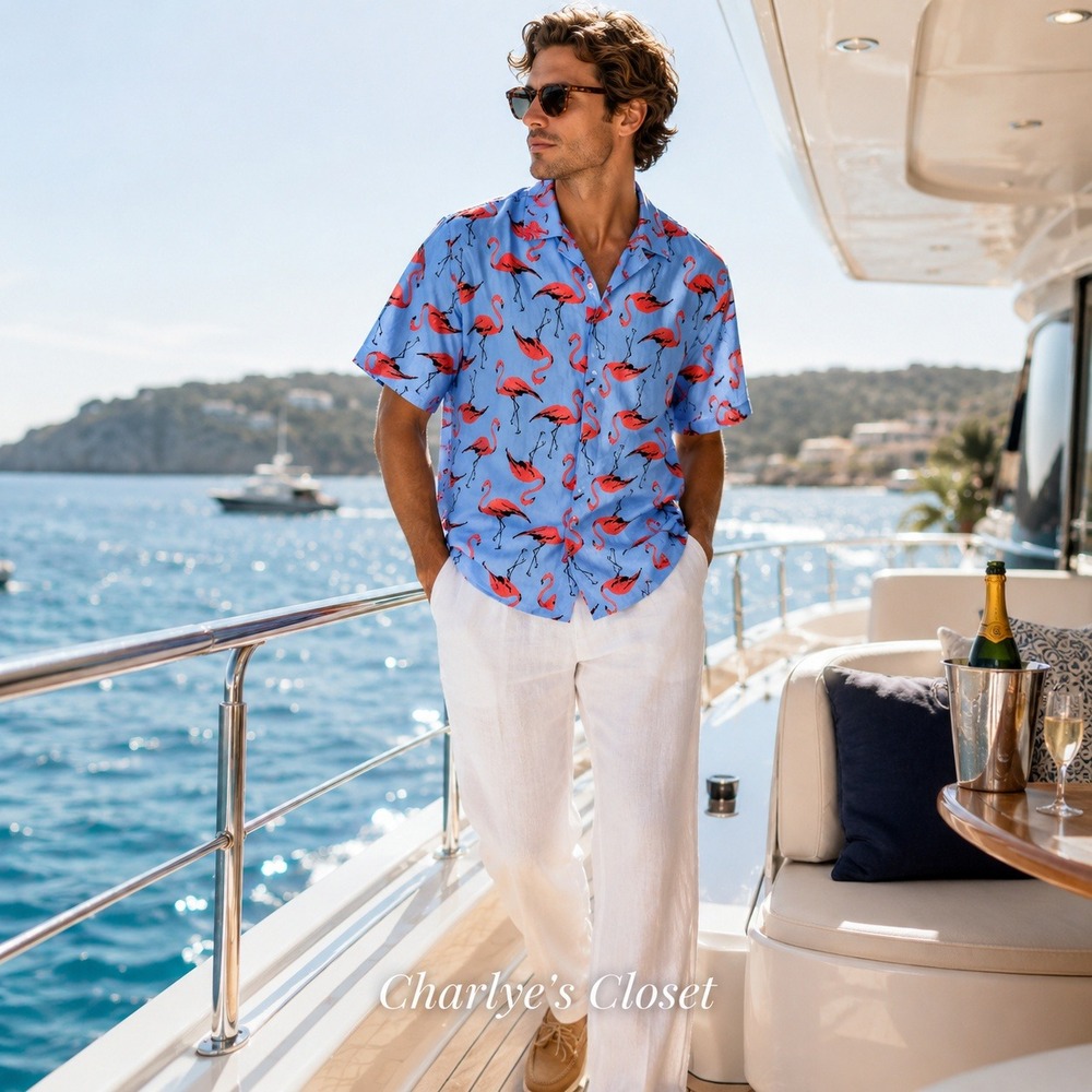 Flamingo Print Cabana Shirt L Blue Slim Flex Casual Travel Vacation Euro Summer